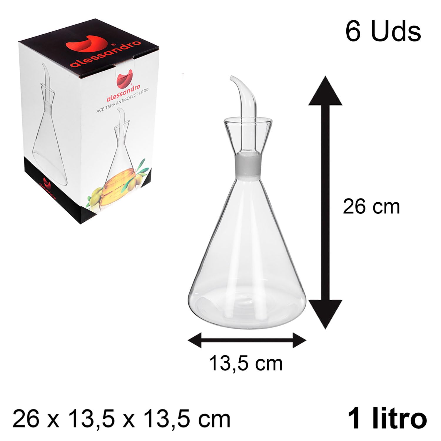 TWO TIGERS Pack 6 Aceiteras Antigoteo de Cristal 500ml, 750ml o 1L. Aceitera/Vinagrera de Cristal Resistente y Ligero. Dispensador de Aceite. Bar, Restaurantes, Cafeterías (1L (6 Uds))