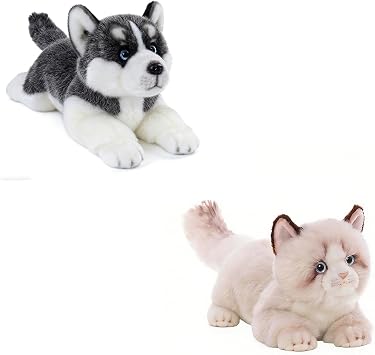 CU-MATE Plush Siberian Husky Stuffed Dog & Gray Ragdoll Cat Plush Stuffed Animal Toys