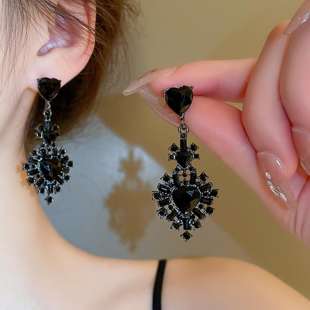 Xerling Black Rhinestones Heart Earrings Gothic Black Crystal Heart-shaped Earrings for Women - Image 2