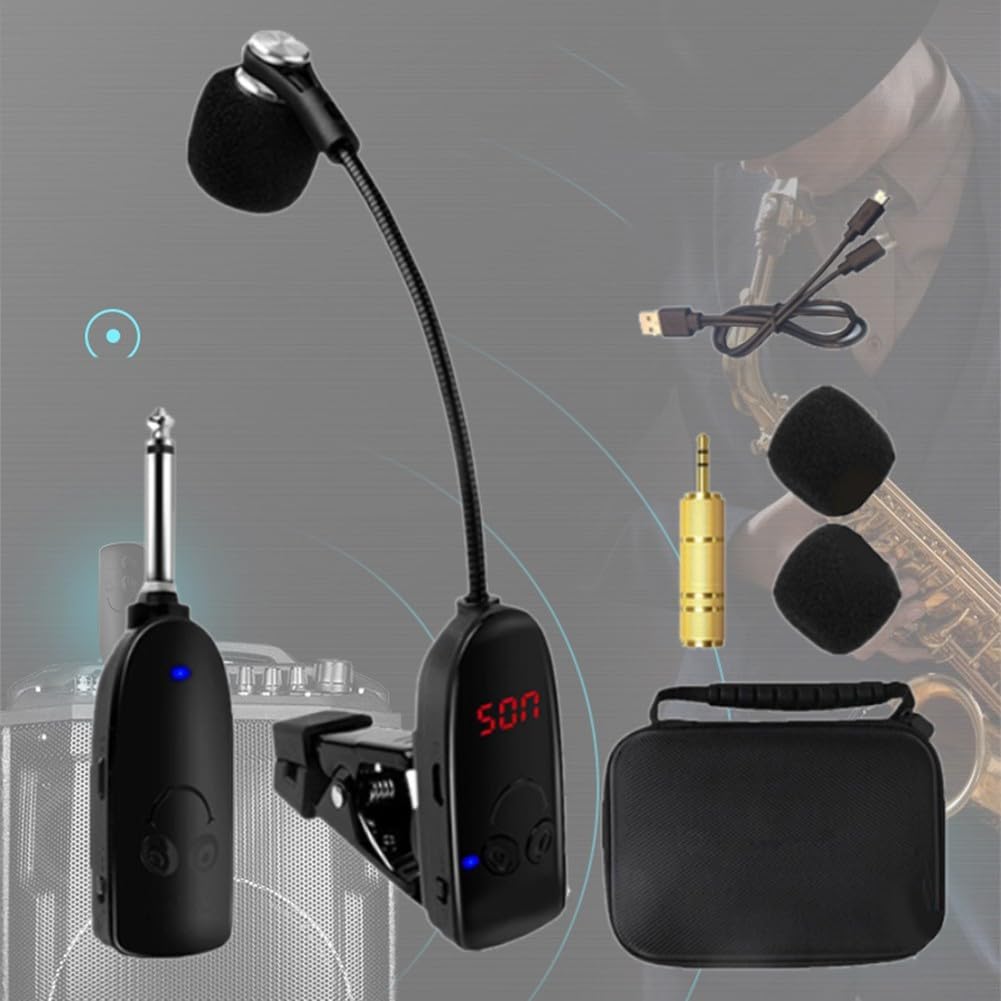 UHF Microfono per strumenti wireless, microfono per sassofono, ricevitore e trasmettitore wireless, per sassofono, tromba, sassofono