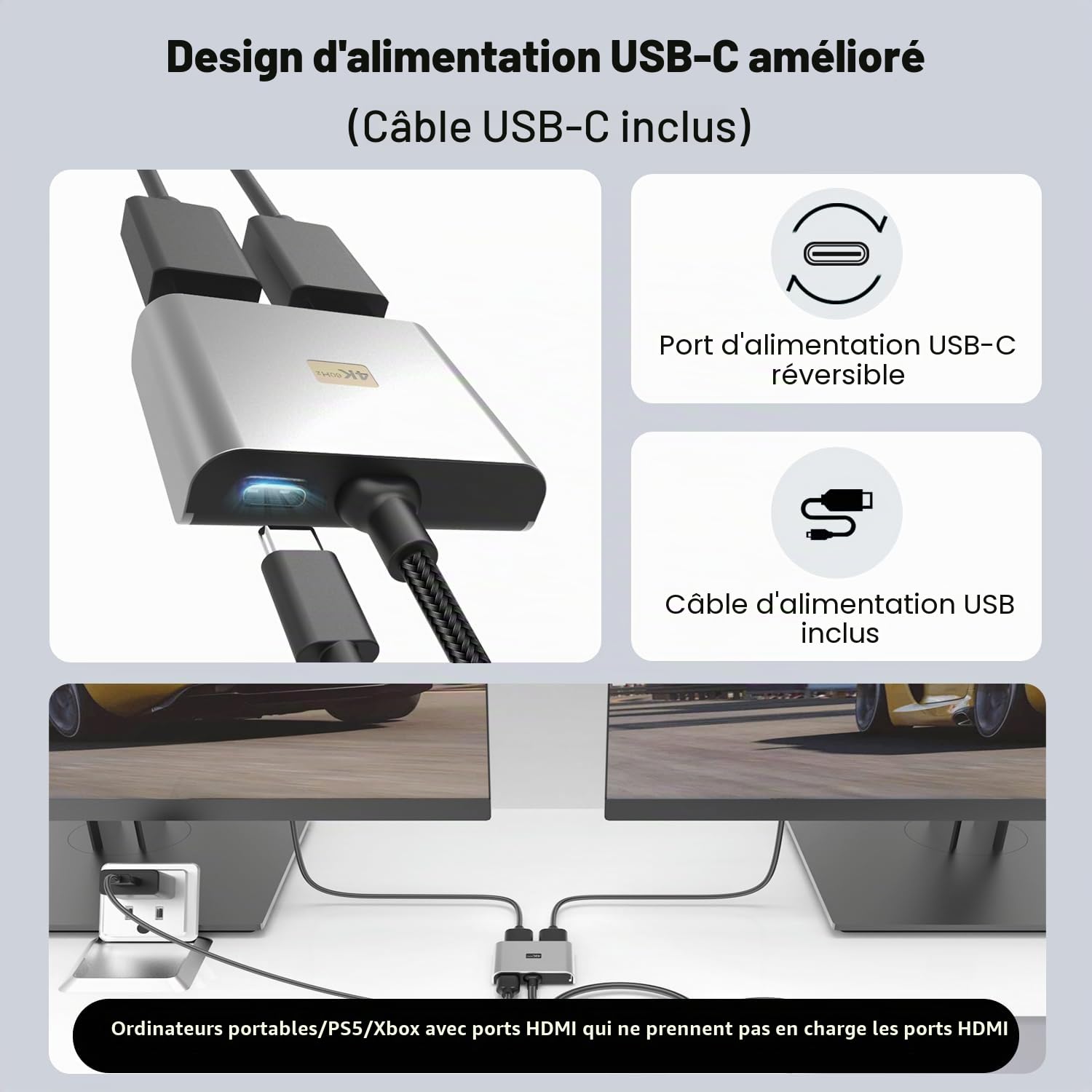UANTIN Adaptateur DisplayPort vers double HDMI | 4K 60 Hz DP source vers HDMI Splitter adaptateur d'affichage étendu pour deux moniteurs, convertisseur de port d'affichage pour carte graphique NVIDIA