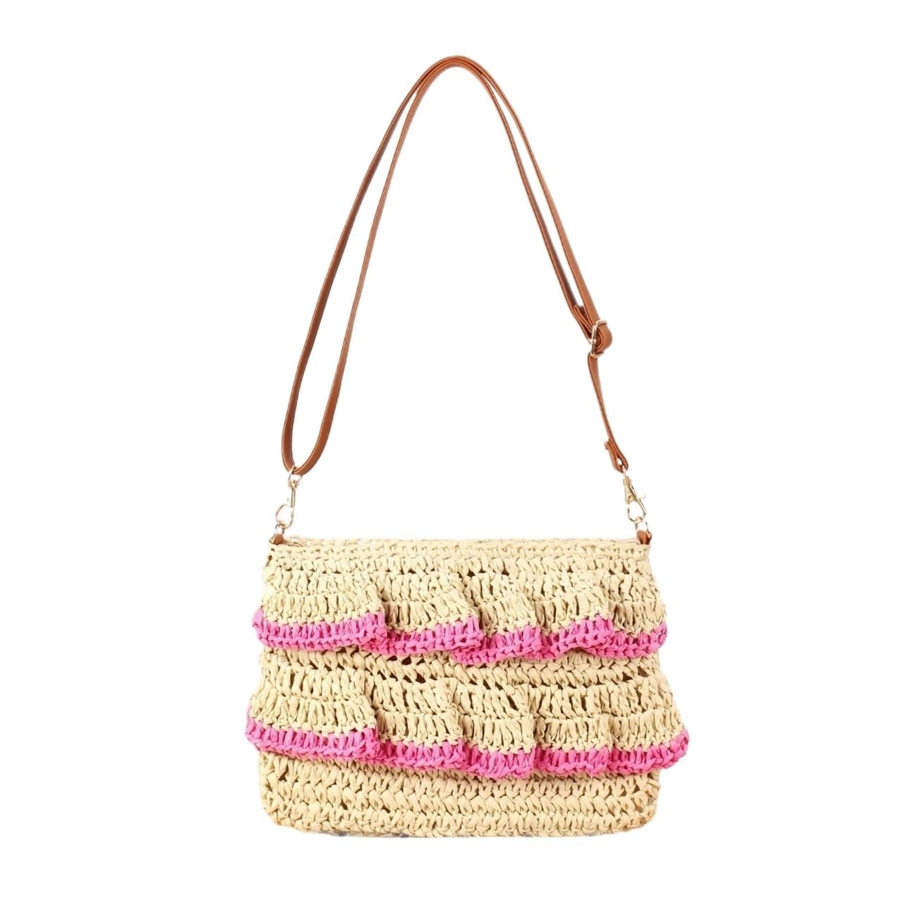 YANROSE Straw Shoulder Bag For Women Woven Purse Beach Clutch Wallet Crossbody(Pink)