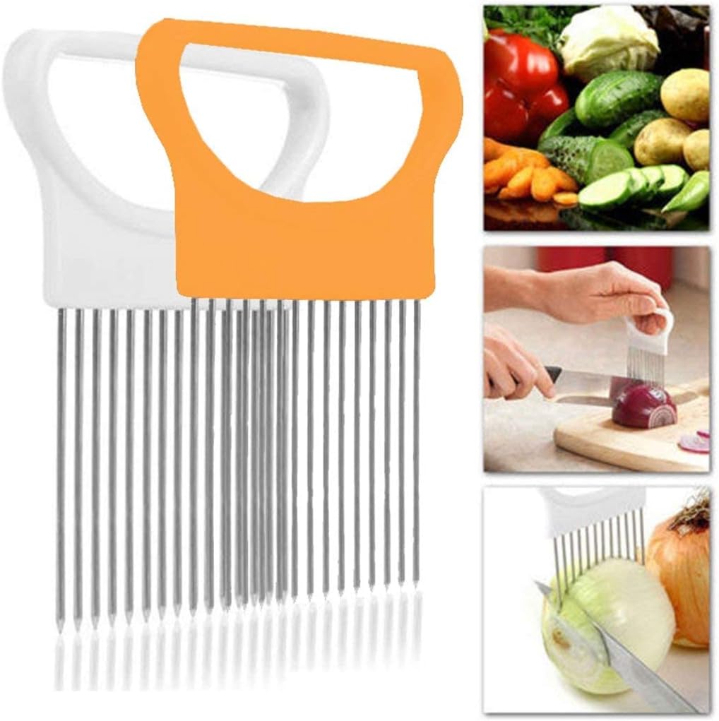 (White+Orange) Onion Slicer,Onion Holder Slicer Vegetable tools Tomato Cutter Stainless Steel
