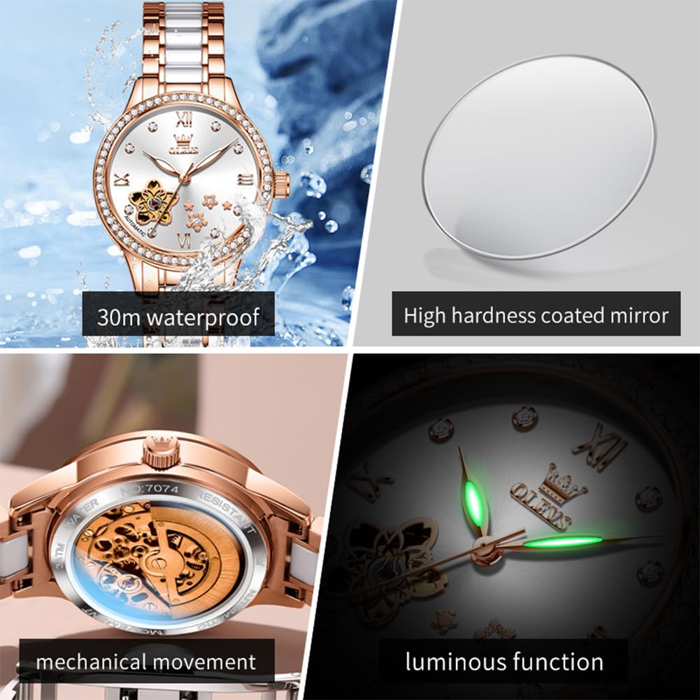 OLEVS Orologio automatico da donna in acciaio inossidabile con diamante a carica automatica, orologio luminoso e impermeabile