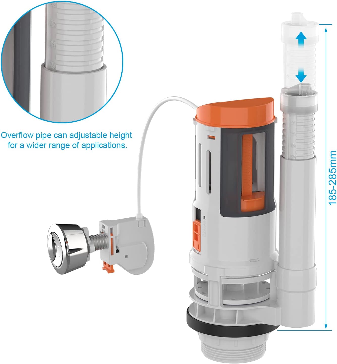 Close-up of the adjustable overflow pipe on the dual flush valve, indicating height adjustment range from 185mm to 285mm.