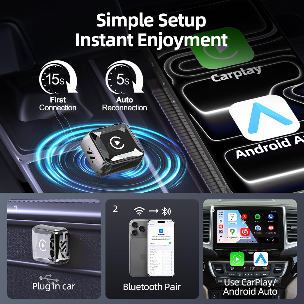 GemCoo Adattatore Carplay Wireless & Android Auto Wireless – 2-in-1, USB-C, BT 5.4, Riconnessione Rapida ~5s, per Auto con Carplay Filiare/AA, per iOS 10+/Android 11+