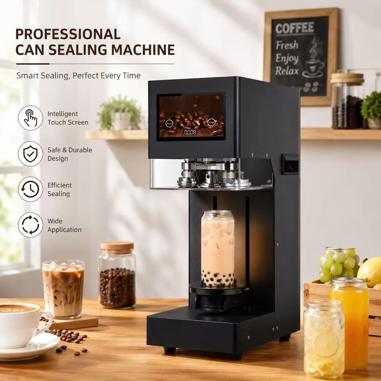 KEhtu Macchina Sigillatrice per Lattine con Schermo Touch | Rilevamento Automatico Dellaltezza | Compatibilità con Lattine da 55 Mm | Non Necessita di Tampone Black