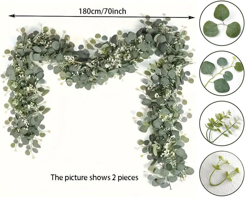 2 Pcs 5.9 Ft Artificial Eucalyptus Flowers Garland, Eucalyptus Leaves Decor for Home Decoration Artificial Vine for Mantle Office Party Wedding Arch Decor (2) - Image 3