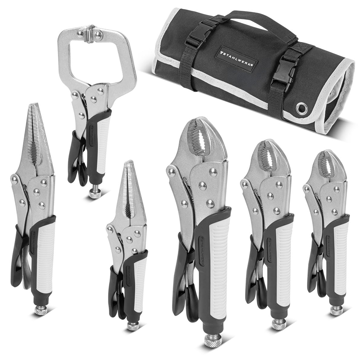 STAHLWERK Gripzangen Set 6-teilig Klemmbereich einstellbar – Langbeck-Gripzangen 165/241 mm mit gebogenen Backen 127/178/254 mm, C-Klemme 152mm, Ergonomische TPR Griffe