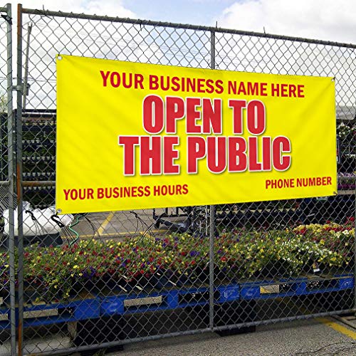 Vinyl Banner Multiple Sizes Open to The Public Advertising Printing D Business Outdoor Weatherproof Industrial Yard Signs Yellow 4 Grommets Personalized Text Here 16x40Inches - Thumbnail 5