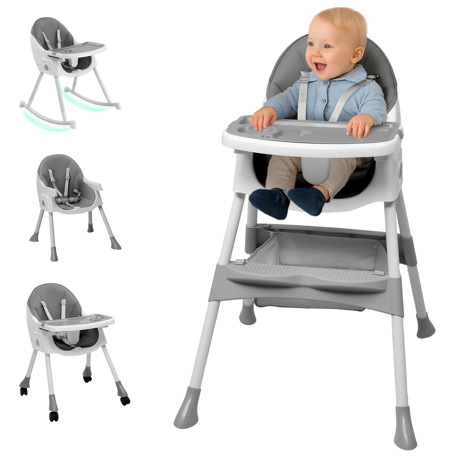 LEADZM Trona 3 en 1 para bebé, se convierte en mecedora, bandeja doble extraíble, trona plegable para bebé con ruedas giratorias y cesta de almacenamiento, para bebés de 6 a 36 meses (gris)