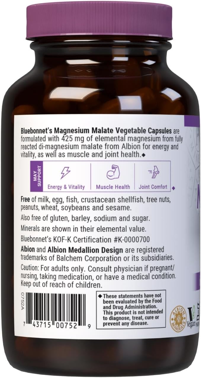 Bluebonnet Nutrition Magnesium Malate Vegetable Capsules - Supports Energy, Muscle & Joint Health - Non-GMO, Vegan, Kosher Certified, Gluten-Free, 90 Count - Image 8