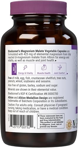 Miniatura 8 de Bluebonnet Nutrition Cápsulas vegetales de malato de magnesio  Apoya la energía, la salud muscular y articular  Sin OMG, vegano, certificado Kosher,