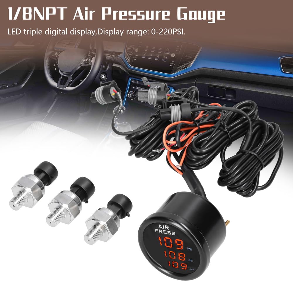 Jauge de pression d'air à triple affichage numérique LED 0-220 PSI avec capteurs 3 1/8 NPT