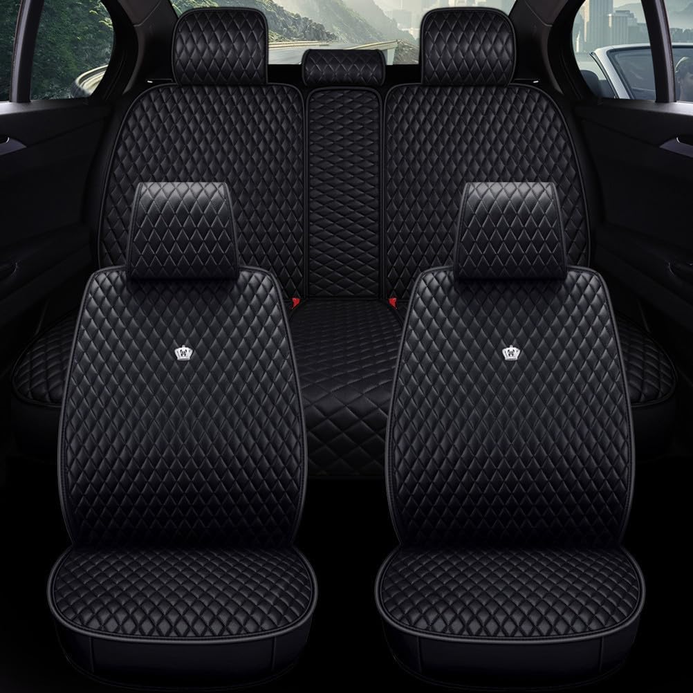 Red Rain Black Front and Rear Universal Car Seat Cover Leather Seat Cover with Crown Full Coverage 5 Seater (AA-Black)