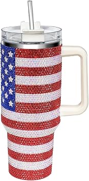 40oz Tumbler with Handle and Straw, Glitter Rhinestones Tumbler Bling Cups | Insulated Leak Proof Stainless Steel Water Bottle Diamond Studded Tumbler - Birthday Gifts for Women, Mom, GirlsUsa Flag