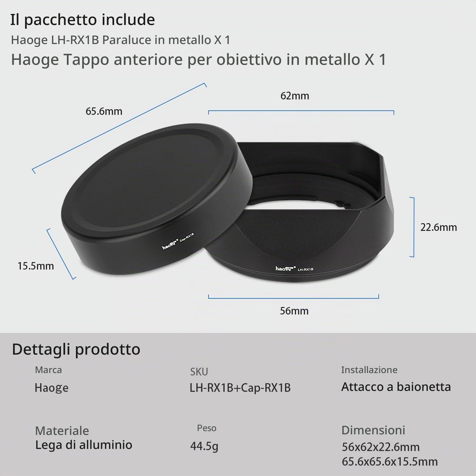 Haoge LH-RX1B Paraluce quadrato in metallo a baionetta per Sony FE 35 mm F2.8 ZA Carl Zeiss Sonnar T* FE 55 mm F1.8 ZA FE 24 mm F1.8 ZA E Mount Lens