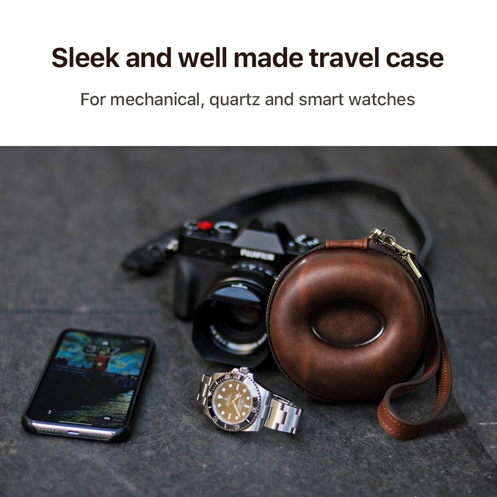 Skórzane etui podróżne na zegarek z paskiem na nadgarstek, pudełko do przechowywania zegarków naręcznych i smartwatchy do 54 mm (czerwono-brązowe)