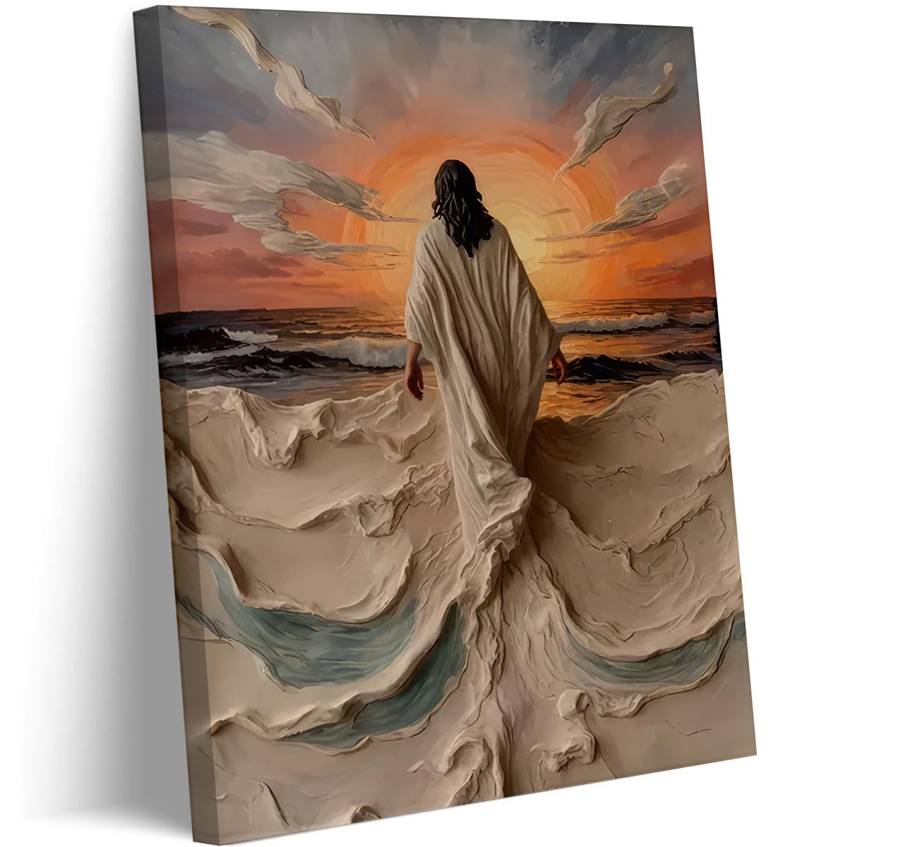 Abstract Jesus Walking on Water Canvas Wall Art Christian Spiritual Wall Decor Paintings Pictures Divine Light Modern Religious Posters Prints for