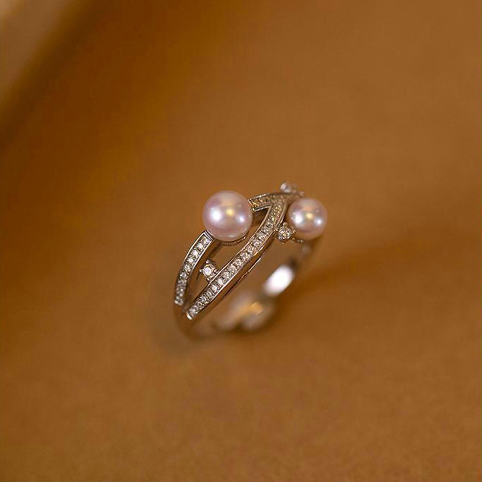 Anillo de perlas para mujer, elegante oro real, anillo de boda de oro blanco con perlas, anillos de compromiso para mujeres