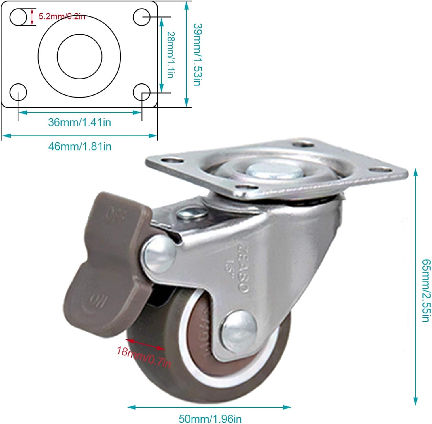 Jolan Furniture Casters with Brakes,360° Rotation,Rubber Flat Wheels,Rust-Proof,Swivel Casters,Waterproof,Small Transport Casters.,4 Brakes,50mm