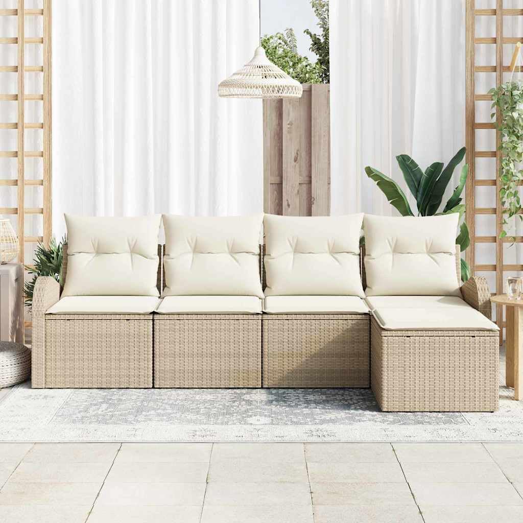 Sofa ogrodowa z poduszkami, 5-częściowy, beżowy i biały, polirattan, modułowa, odporna na promieniowanie UV, odporna na warunki atmosferyczne, na taras, balkon i do użytku na zewnątrz