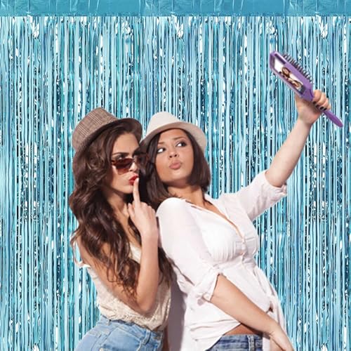 Image of 4 Pack Light Blue Foil Fringe Curtain Backdrop, 3.28Ft x 8.2Ft Metallic Tinsel Foil Fringe Streamer Curtains for Photo Booth Props, Birthday, Wedding, Christmas Decoration Party Supplies New