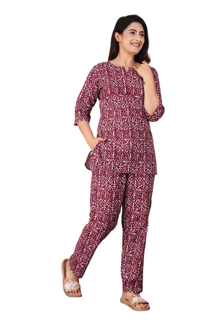 Women's Wine Red Floral Printed Pure Cotton Nightsuit Co-Ord Set | Notch Neck Short Top with Side Pockets, 3/4 Sleeves & Matching Ankle-Length Pants | Soft Breathable Cotton Nightwear-image-5