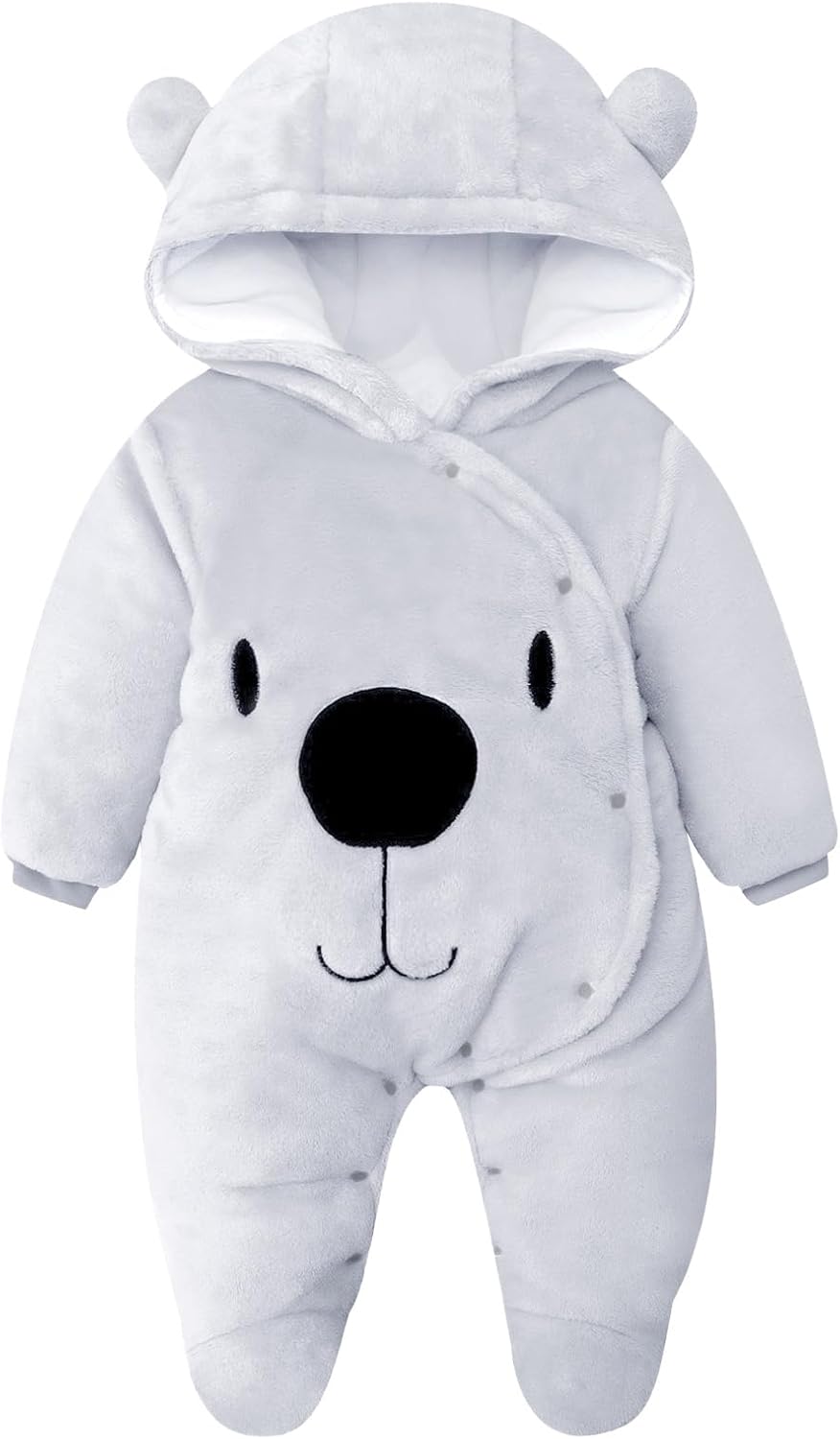 Combinaison d&rsquo;hiver pour bébé avec capuche en flanelle, combinaison de neige, barboteuse de joueur, avec pieds, caricature, vêtements de 0 à 3 mois, gris