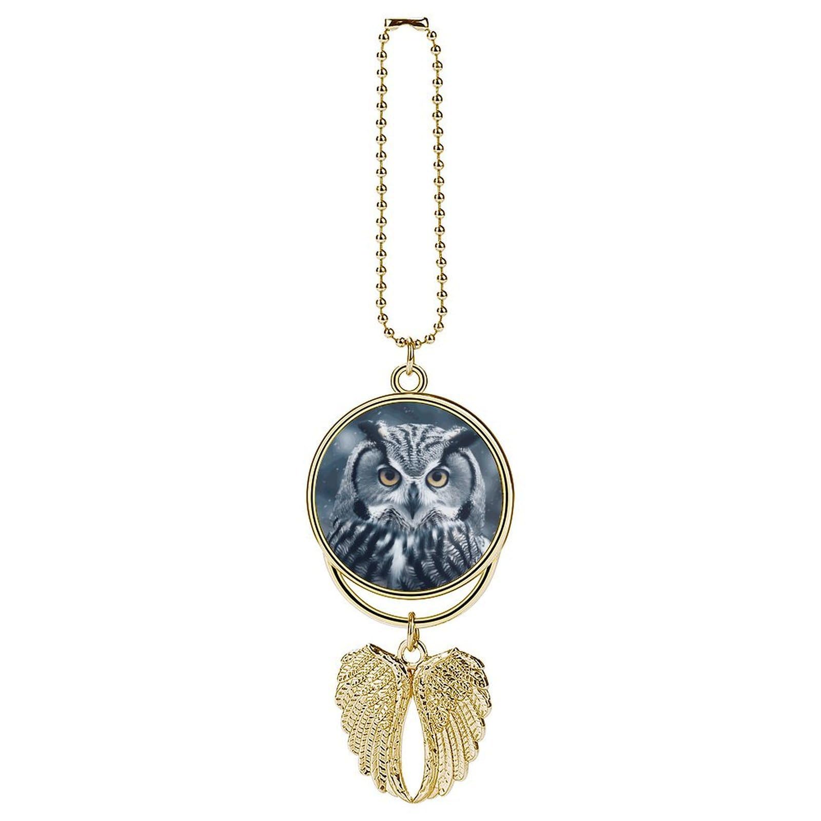 Grey and White Owl Car Charm, Alloy Rear View Mirror Pendant, Bling Funny Car Hanging Ornament Gift for Women Men, Car Pendant Lucky Auto Interior Decoration Accessories Golden-Style