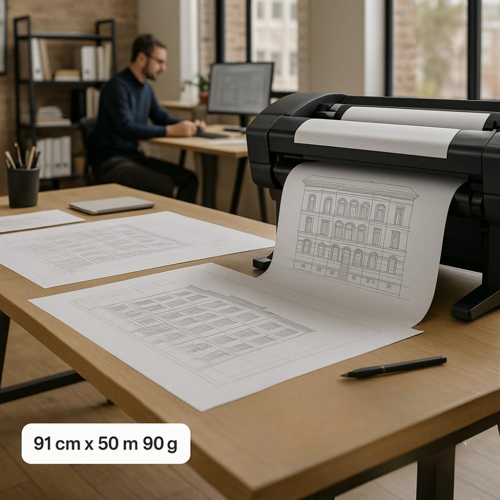 Rotolo Plotter 91cm x 50m 90g/m² Carta Bianca per Stampa Tecnica CAD GIS