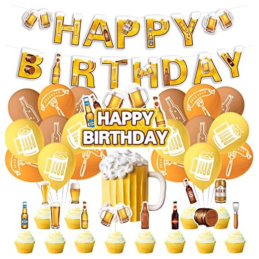 Décorations de fête d'anniversaire de bière, accessoires de fête de bière, comprend des bannières « Happy Birthday » et des décorations de gâteau, des décorations de cupcakes, des ballons pour hommes