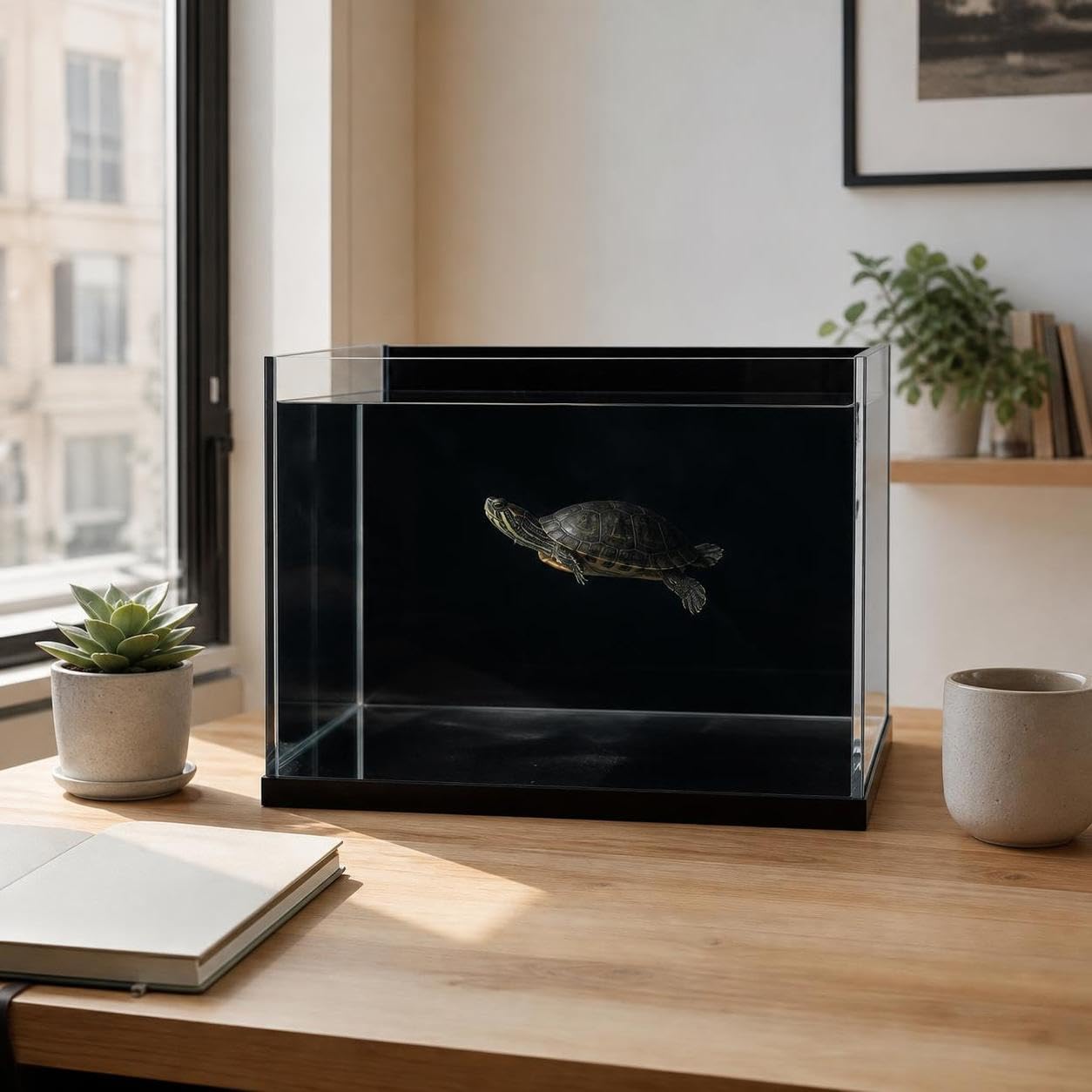 Agua para Tortugas Pequeño Escritorio, Vidrio Fondo Negro, para Espacios Pequeños, 20 * 14 * 16cm