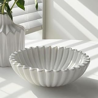 KULEDM Large Decorative Bowl Home Decor - 10in Ceramic White Scalloped R...