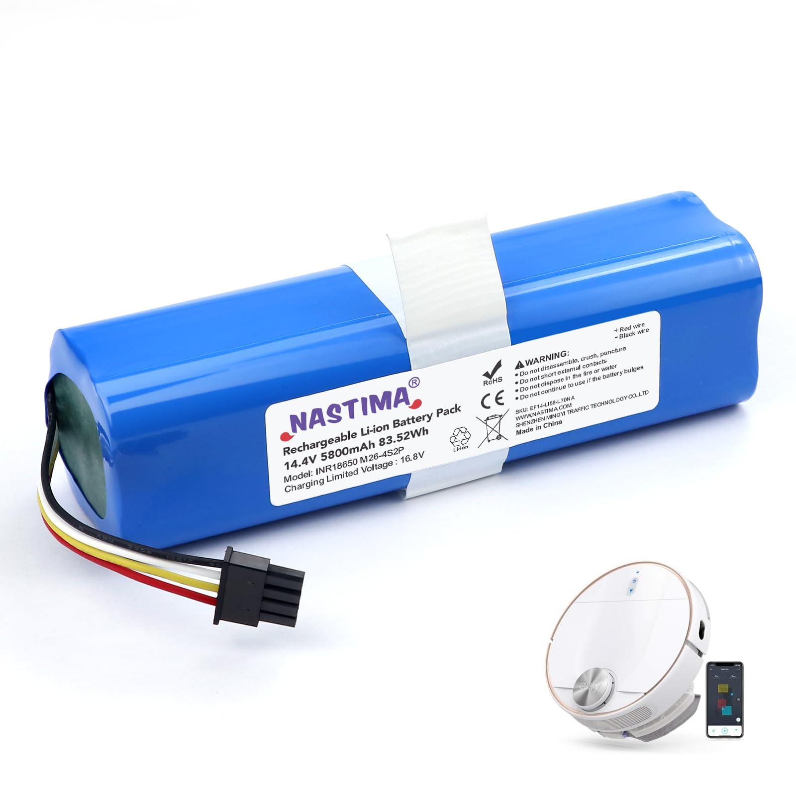 NASTIMA 14.4 V 5800 mAh Li-Ion Battery Compatible with Eufy Robovac L70 Hybrid, T2190, T2190G21, Part Number INR18650 M26-4S2P, Vacuum Cleaner Battery with BMS