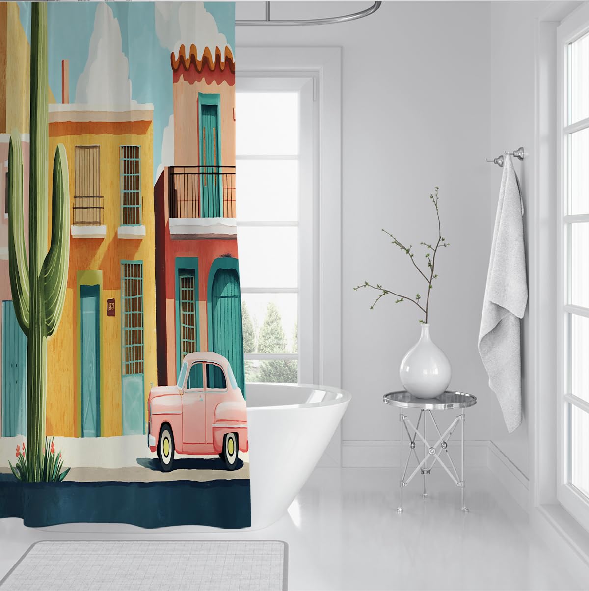 Exotischer Stil Duschvorhang Bunte Stadtlandschaft Badewannenvorhänge mit Haken Tropisches Kaktusmuster Stoffzubehör Badezimmerdekoration 200 x 200 cm