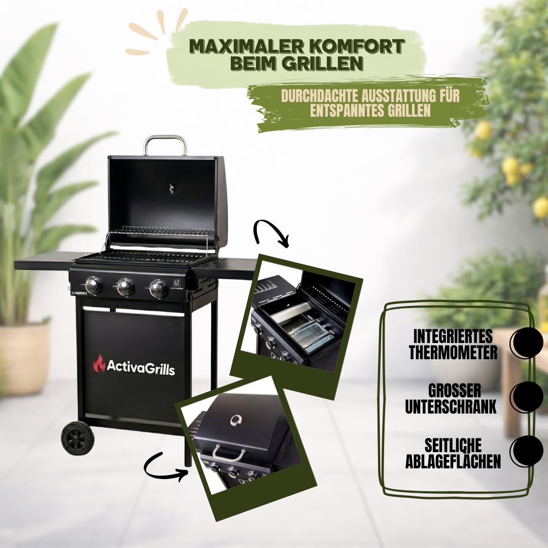ACTIVA Action grill gazowy na kółkach, 3 palniki, każdy 2,7 kW, czarny, chromowany ruszt