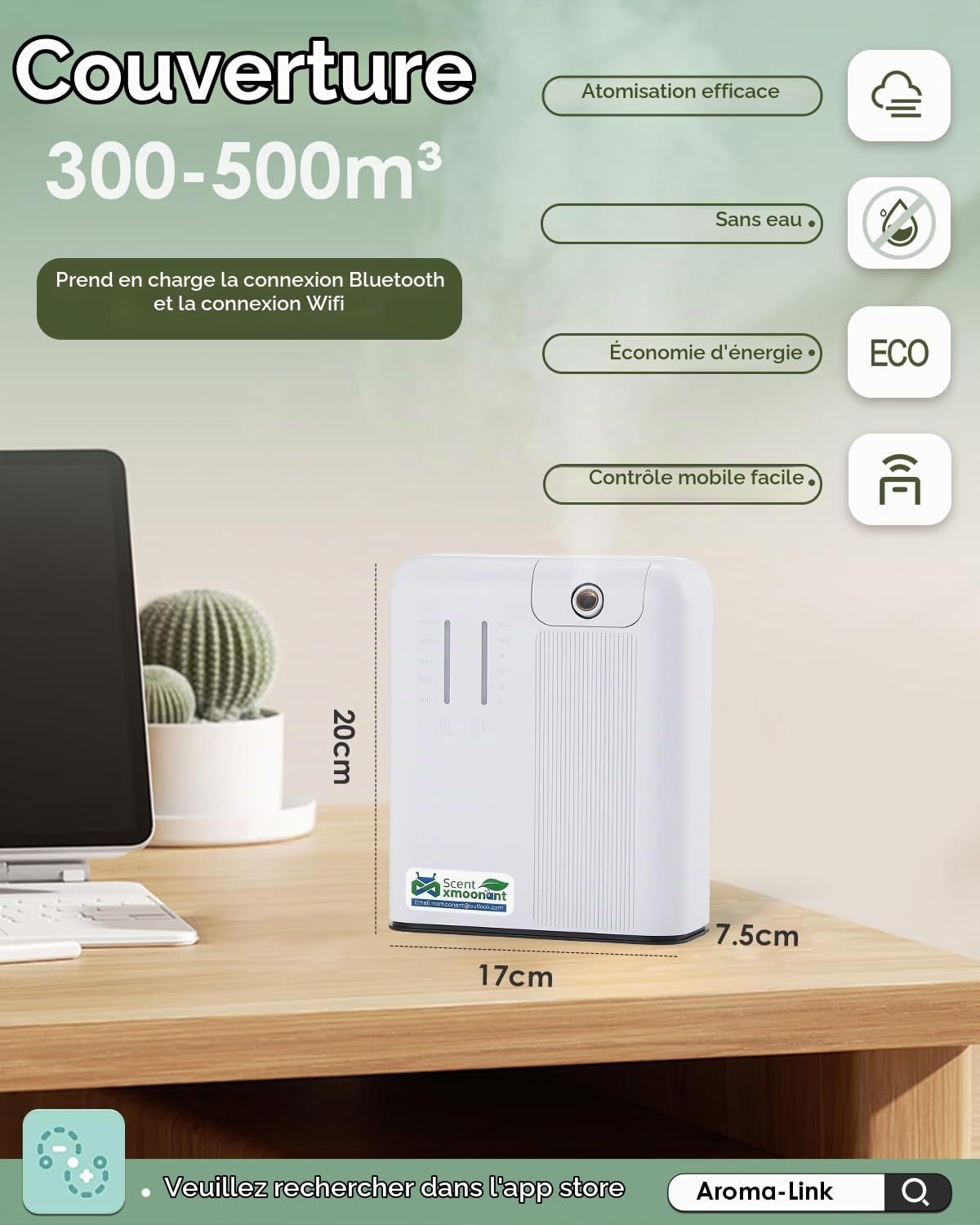 Mxmoonant Electrique Diffuseur d'Huiles Essentielles sans Eau, Mural, Couvrant 300-500m³, 300ml Bouteille d'huile, Contrôle d'Application&Timer, pour Bureau, Magasin, Hotel, Gymnase, Restaurant | Contrôle App/WIFI, compatible HVAC, mural, 300-500m³, pour