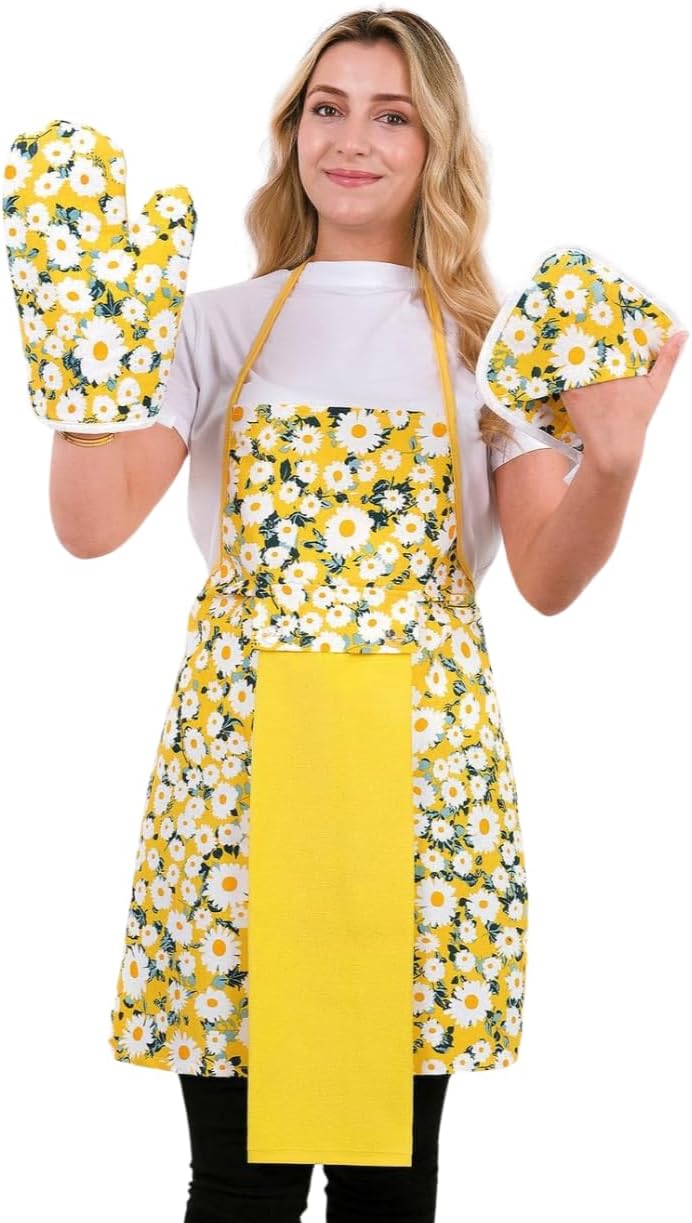 Floral Kitchen Apron and Oven Mitt Set-(4 pieces); Multicolor Waterproof Apron - Oven Mitt - Pot Holder - Hand Towel