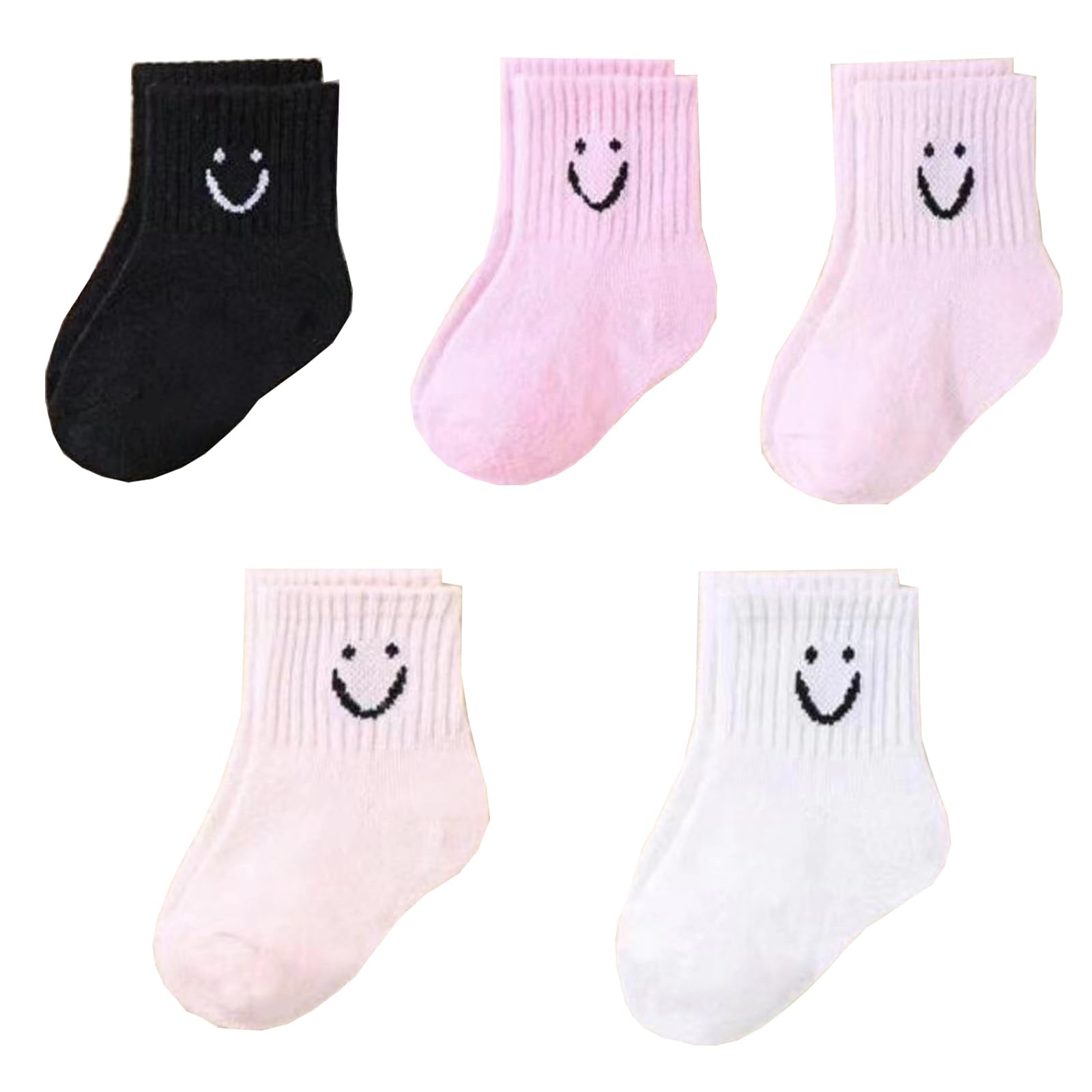 Toddler Boys Girls Crew Socks, Happy Face Unisex Kids Soft Cotton Solid Color Dress Ankle Socks, Pack of 5