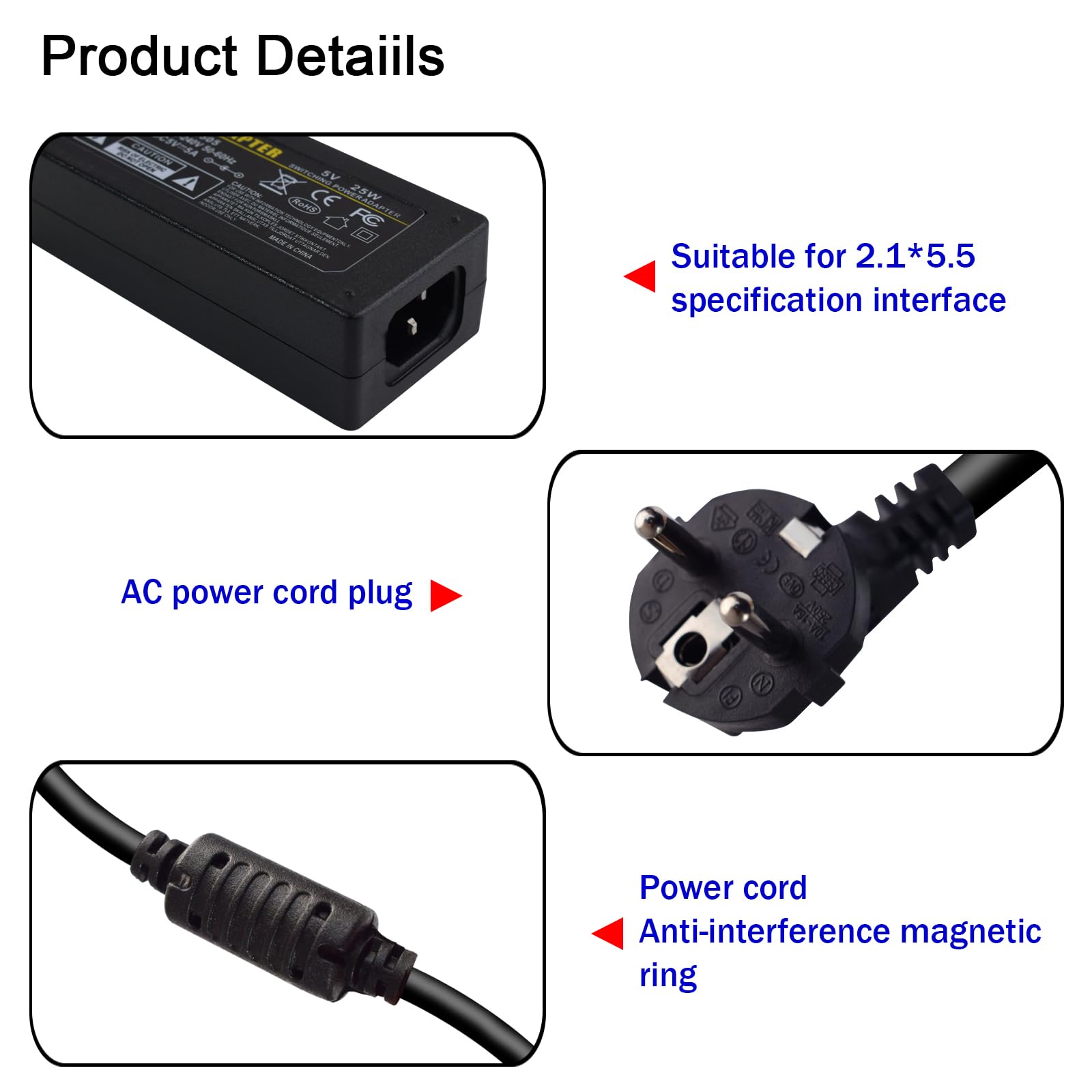Alimentatore 5V 10A 50W, Adattatore di Alimentazione AC 100-240V a DC 5V, Trasformatore Stabilizzato con Spina UE, Interfaccia 5.5x2.5mm per Telecamere CCTV, Strisce LED, Dispositivi Elettronici