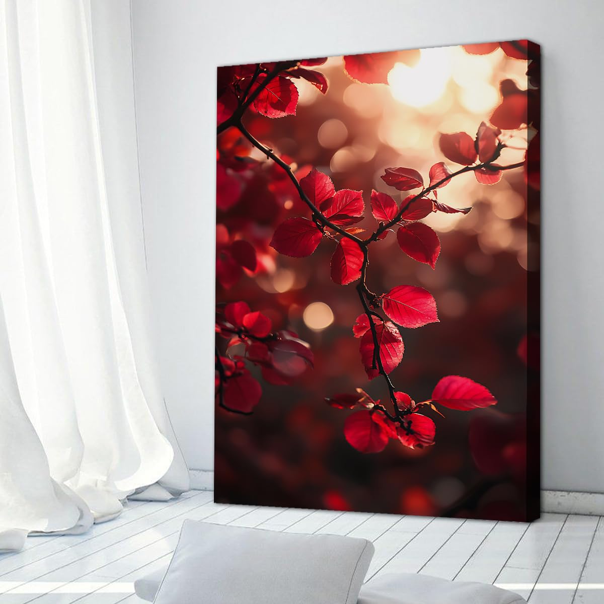 Via Vela Czerwone liście Wall Art Płótno Drukowanie Gałąź Jesień Malarstwo Promień Słońce Bokeh Las Plakat Natura Sezonowy Obraz do Salonu Sypialnia Kuchnia Deco 80x120cm