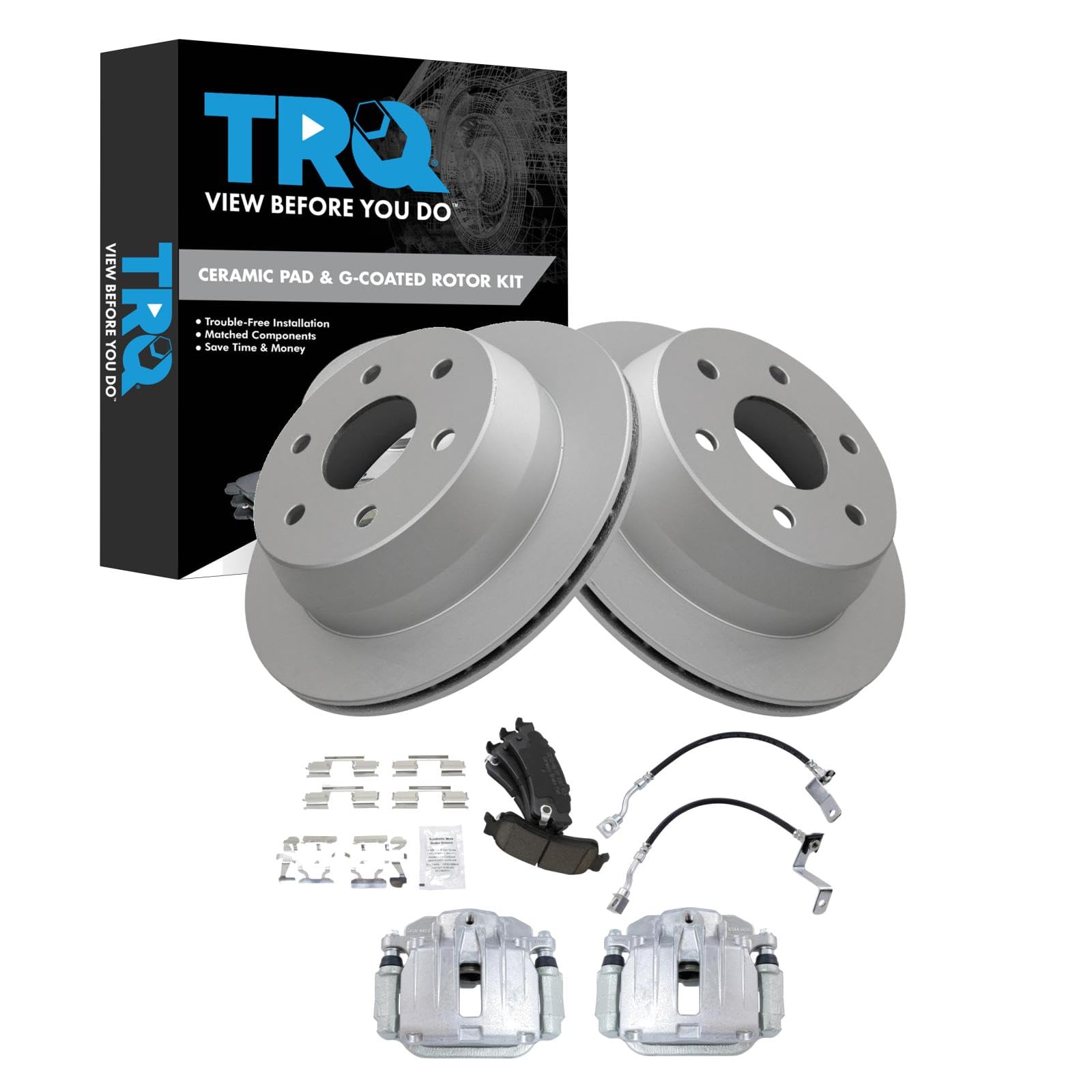 TRQ Rear Brake Pad &amp; Rotor Kit Ceramic Premium G-Coated Compatible with 2001 Chevrolet Silverado 1500 GMC Sierra 1500