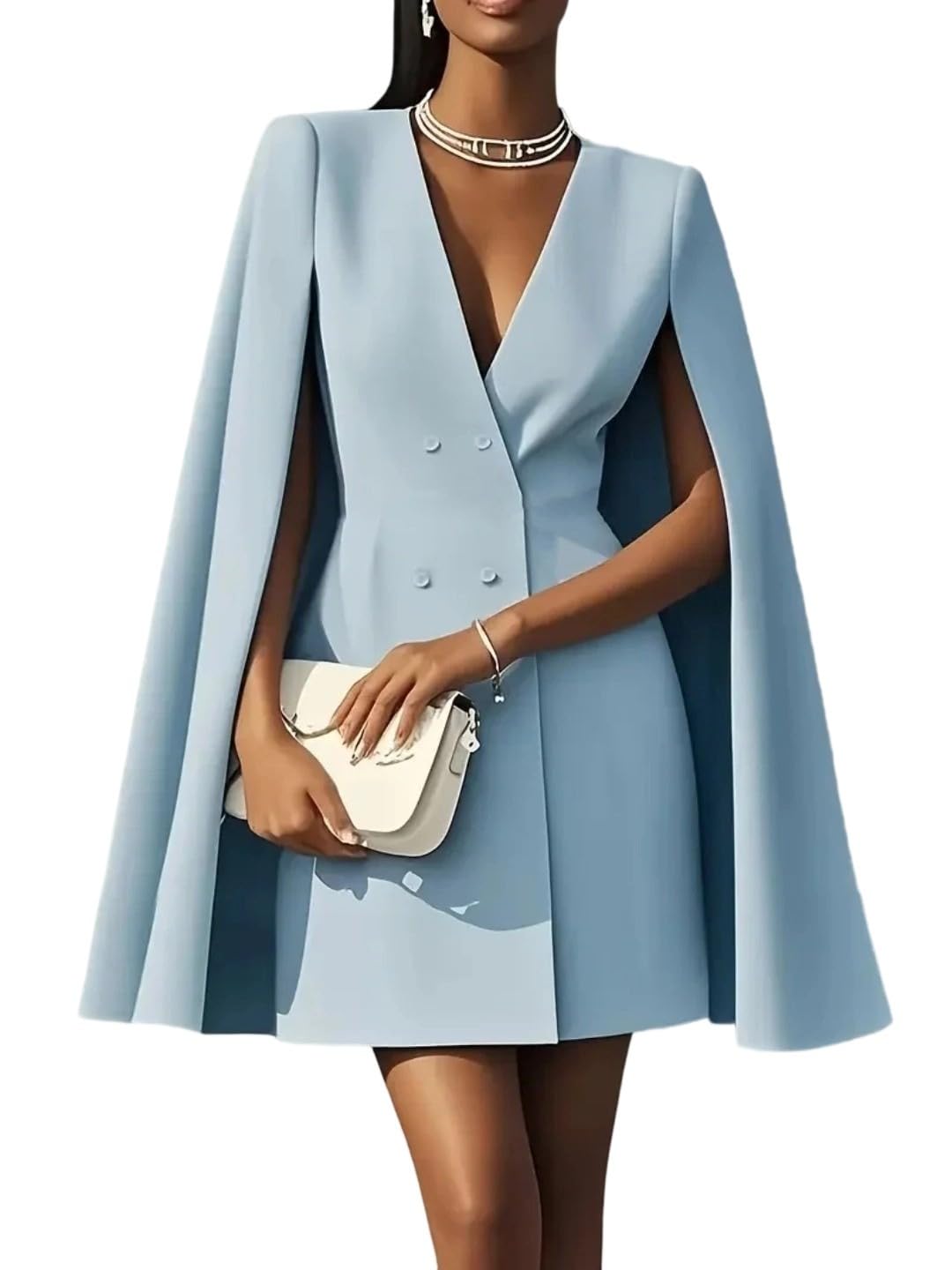 Womens Commuter Solid Color Blazer Office Double-Breasted Waist Party V-Neck Shawl Sleeve Midi Dress