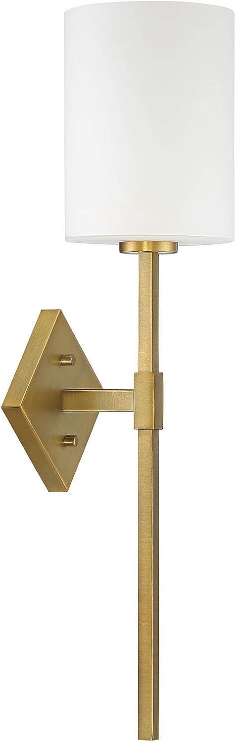 Savoy House 9-0902-1-322 Destin Vintage Mid-Century Modern White Opal Glass Wall Sconce, 1-Light 60 Watt, 25" H x 6" W, Warm Brass