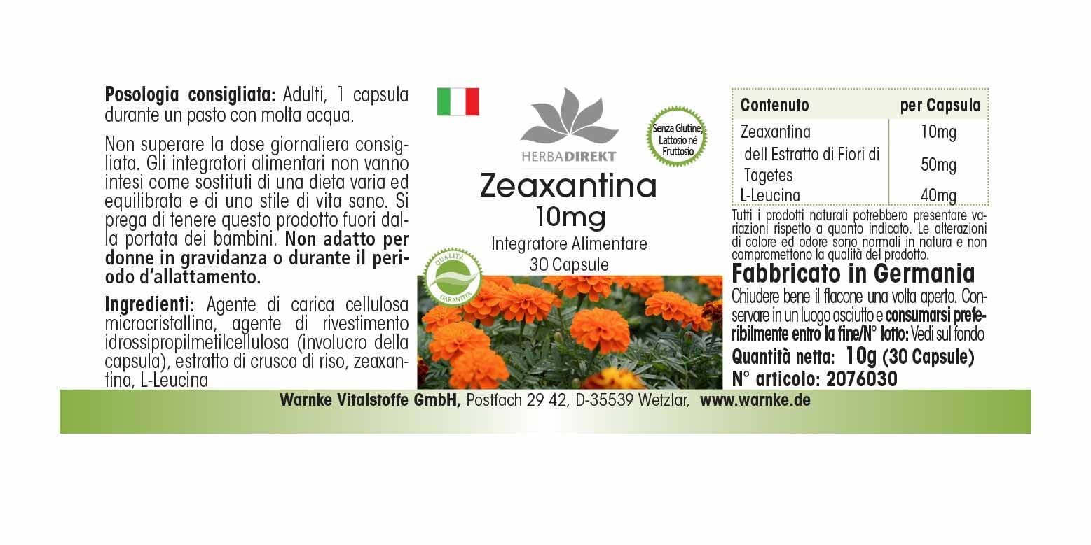 Zeaxantina 10mg - Ottenuto da 50mg d’estratto dai fiori di calendula - 30 capsule - Vegan | HERBADIREKT by Warnke Vitalstoffe - Qualità da farmacia tedesca