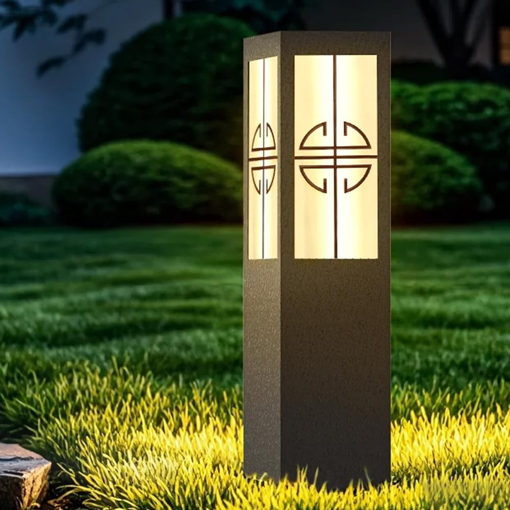 TRIVIDHA Solar Garden Path Lights Square Black Metal Pathway Lights Chinese Style Glass Bollard Lantern Dimming Landscape Lighting Fixture For Lawn Front/Back Door Balcony