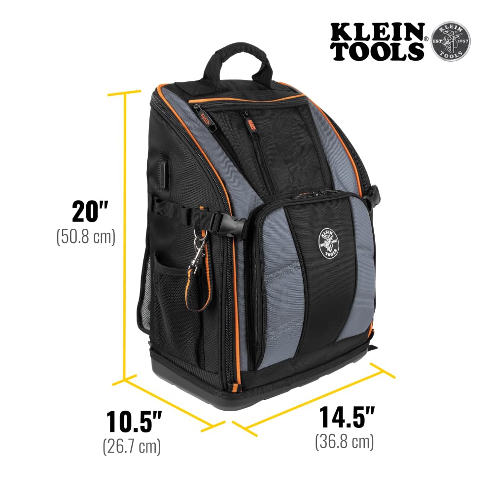Klein Tools 62482 Sac à dos à outils, organiseur robuste avec 27 poches, grand intérieur, fond moulé, sac à outils d'électricien