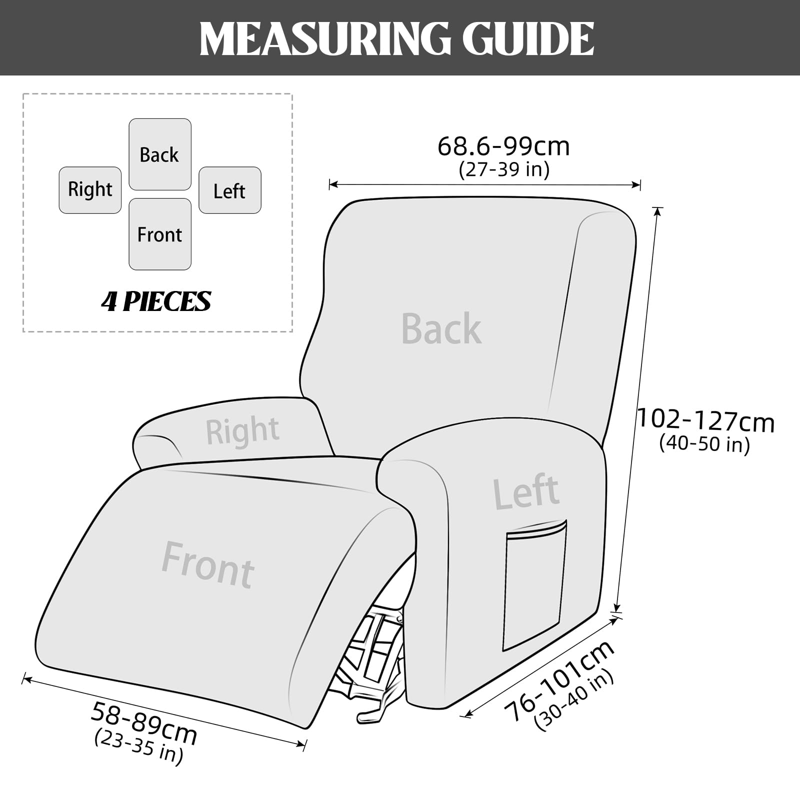 Alishomtll 4 Pieces Recliner Chair Covers, Stretch Recliner Sofa Covers with 2 Side Pockets - Image 3