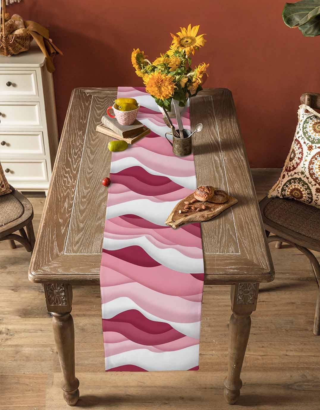 Table Runner Pink Ombre Abstract Geometric Ocean Waves Stripe Linen Table Runners Dresser Scarves for Catering Events, Dinner, Party, Wedding, Holiday, Banquet - 13x120 inch